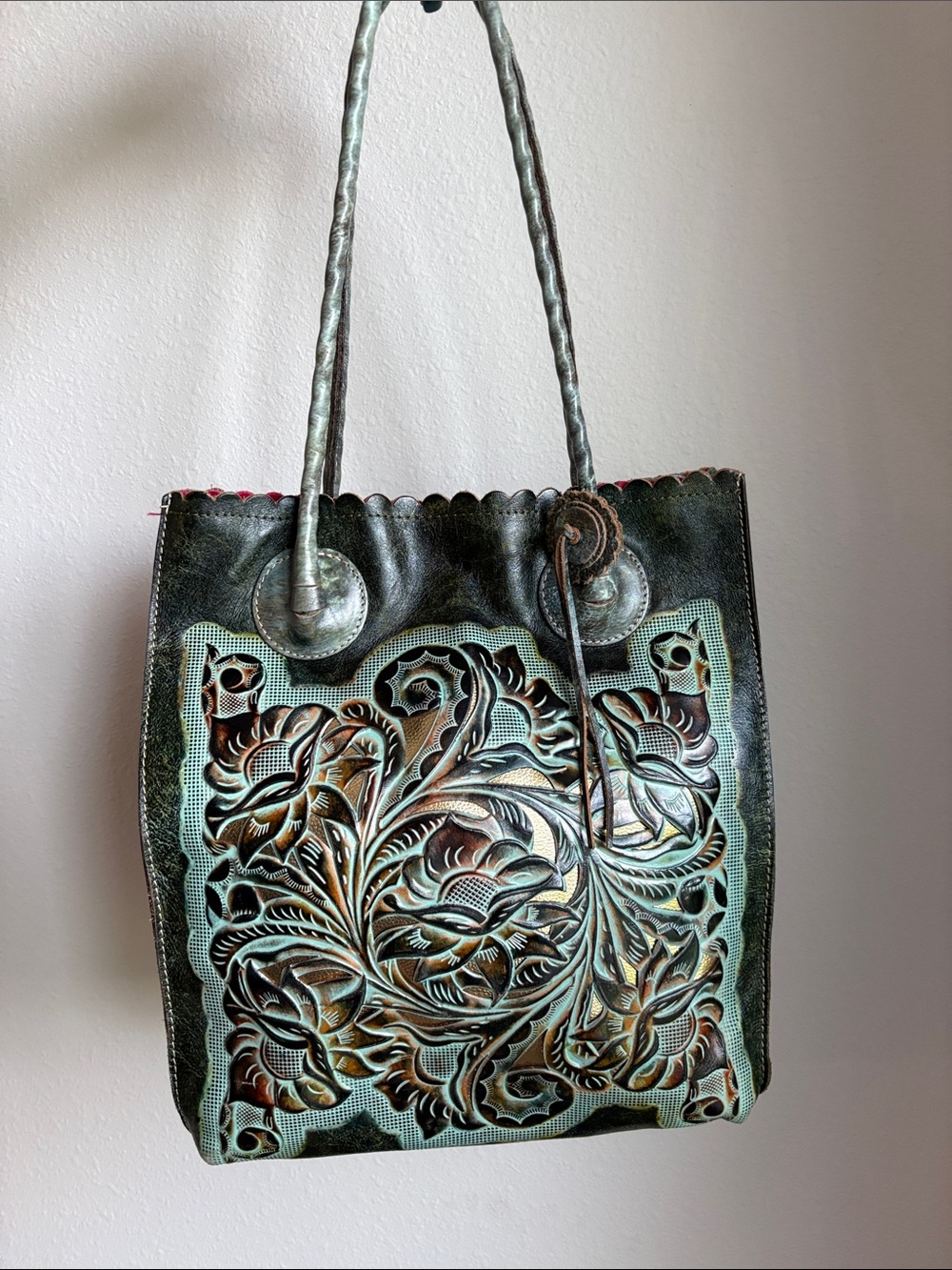 Patricia Nash Cavo Handcrafted Floral Tooled Leather Tote Teal & Pink Interior